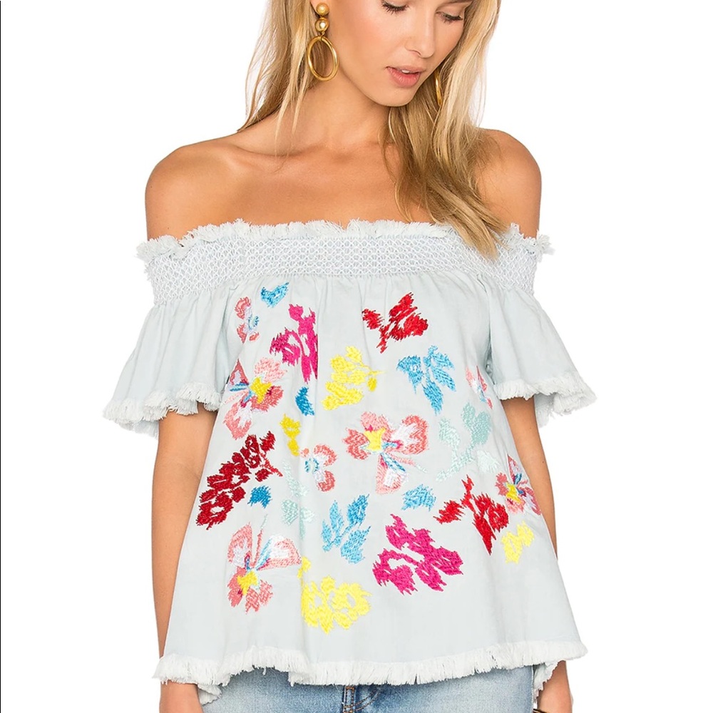 Tanya Taylor off shoulder denim embroidered fray hem floral shirt